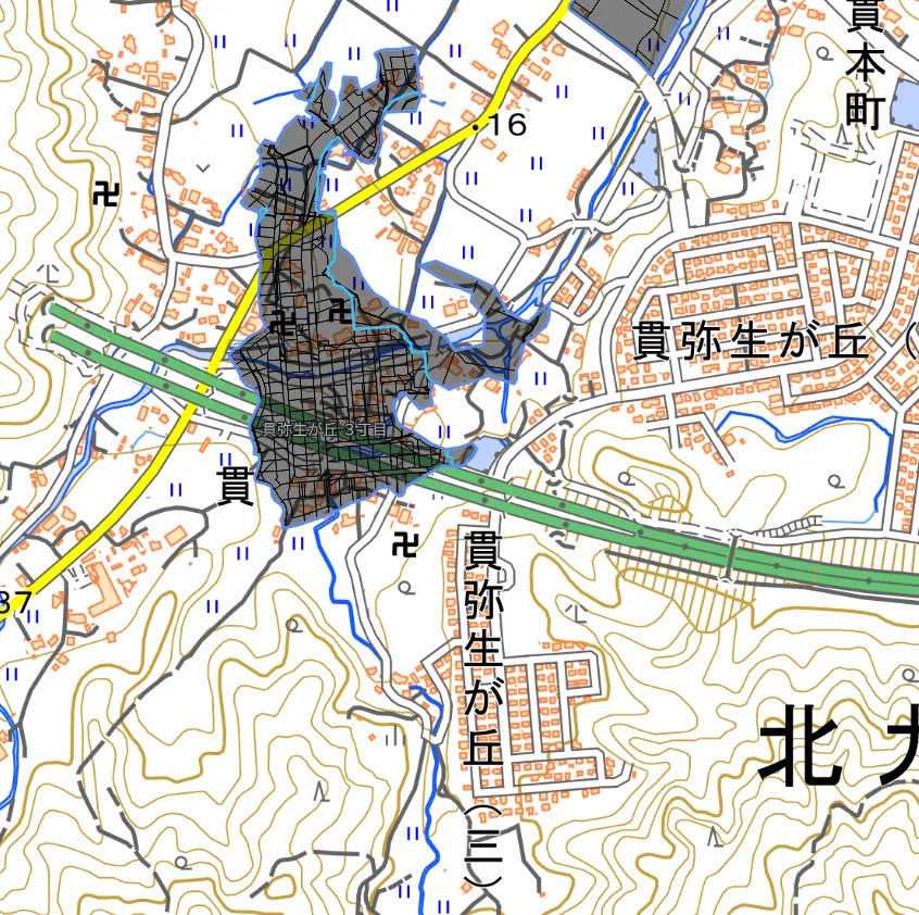 北九州市小倉南区 貫弥生が丘周辺の図面（ハイライト部分）。